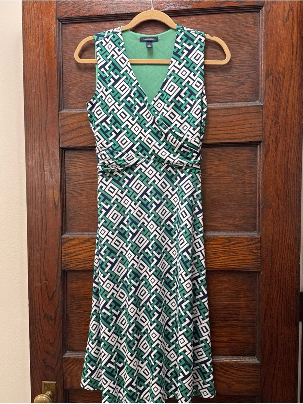 Lands' End Green and White Geometric Sleeveless Maxi Dress